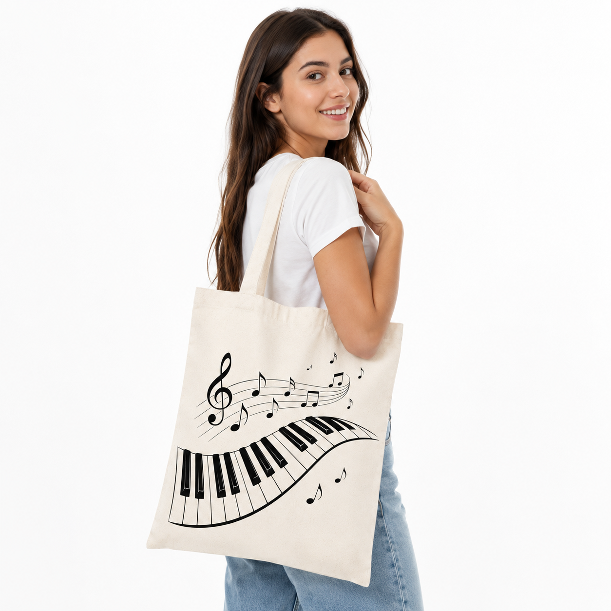 Tote bag Piano naturel : clavier de piano et notes de musique