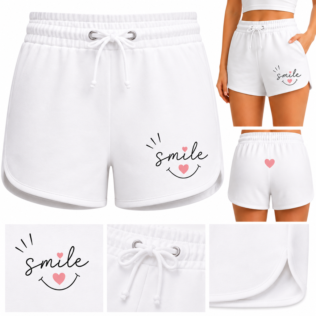 Short femme Smile : détail du motif smiley et de la coupe rétro