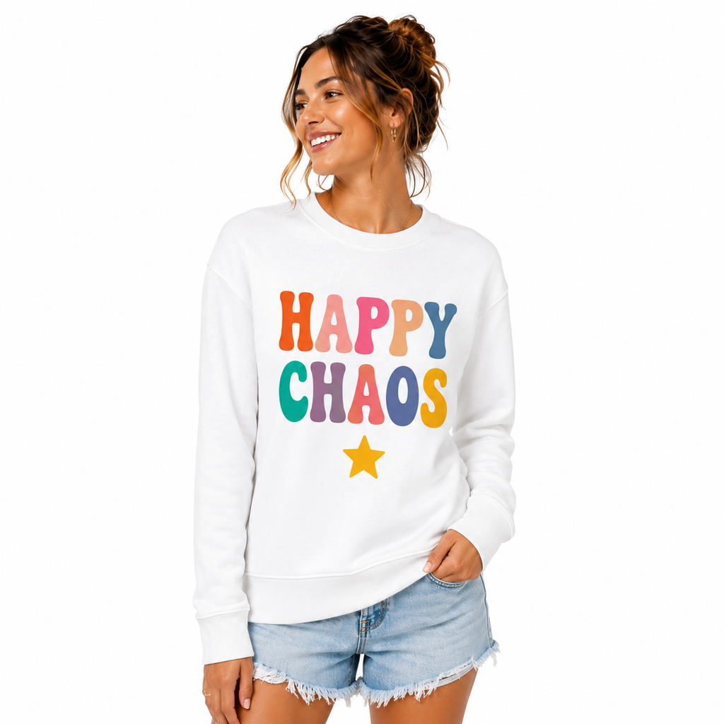 Sweat Happy Chaos : slogan Happy Chaos coloré