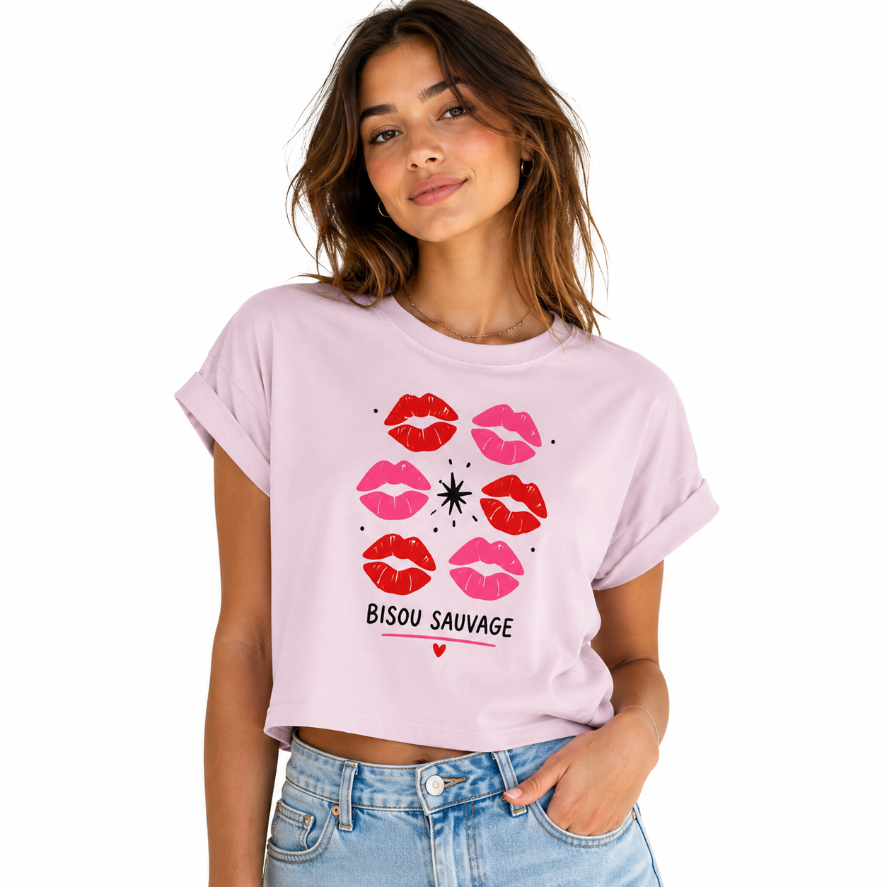 T-shirt crop top rose clair Bisou Sauvage : motif léopard Bisou Sauvage
