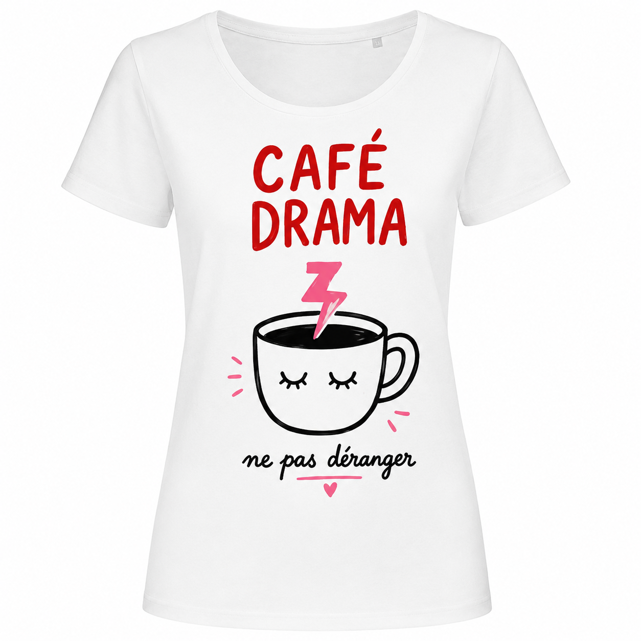 T-shirt Café Drama : détail du slogan Café Drama