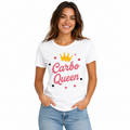 T-shirt femme blanc Carbo Queen, couronne jaune et lettrage cursif rose