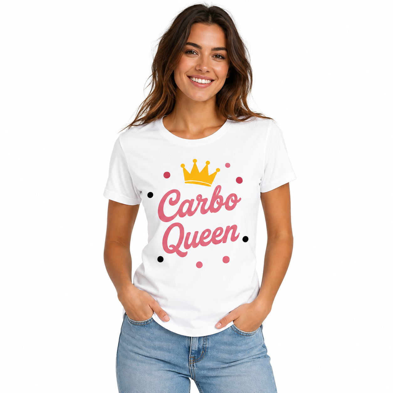 T-shirt femme blanc Carbo Queen, couronne jaune et lettrage cursif rose