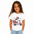 T-shirt enfant blanc, chien casqué sur scooter rose Amour Express entouré de cœurs