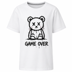 Zoom sur l'imprimé Game Over : ourson au trait noir avec coulures de peinture, lettrage spray
