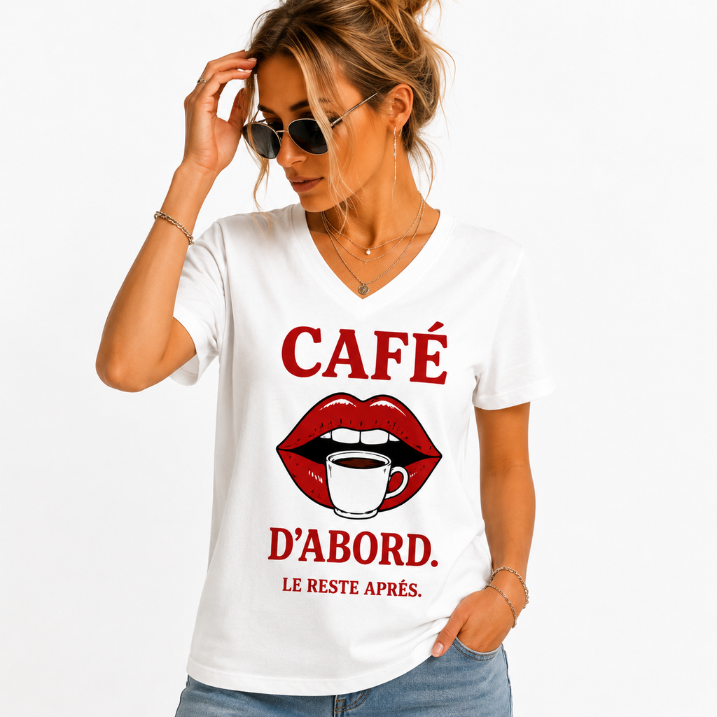 T-shirt femme Café d'Abord : tasse de café et slogan humoristique Café d'Abord