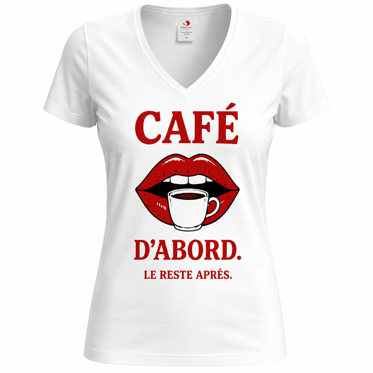T-shirt femme Café d'Abord : détail du motif café humoristique