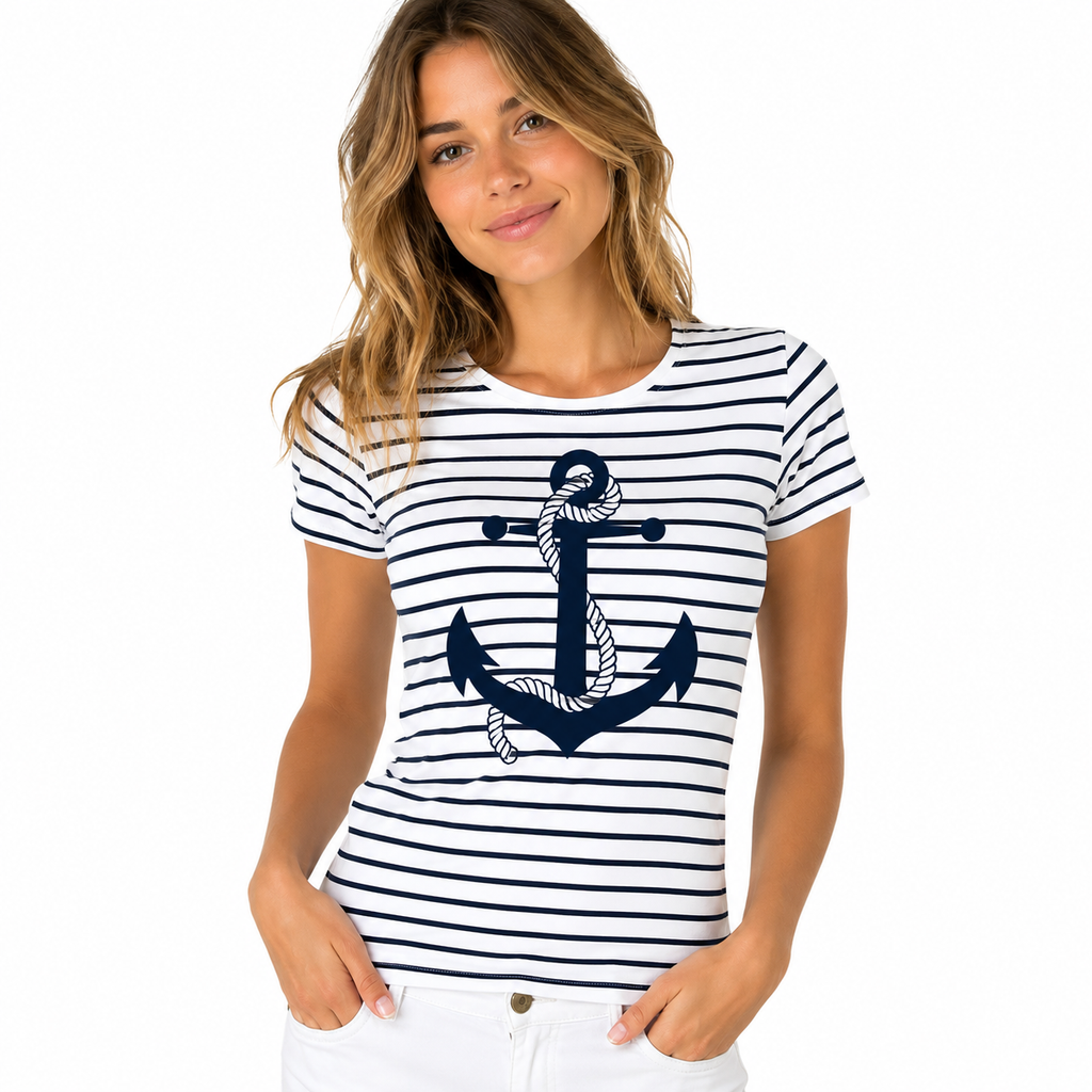 T-shirt femme Marinière Ancre : rayures marinière et ancre marine, esprit marin