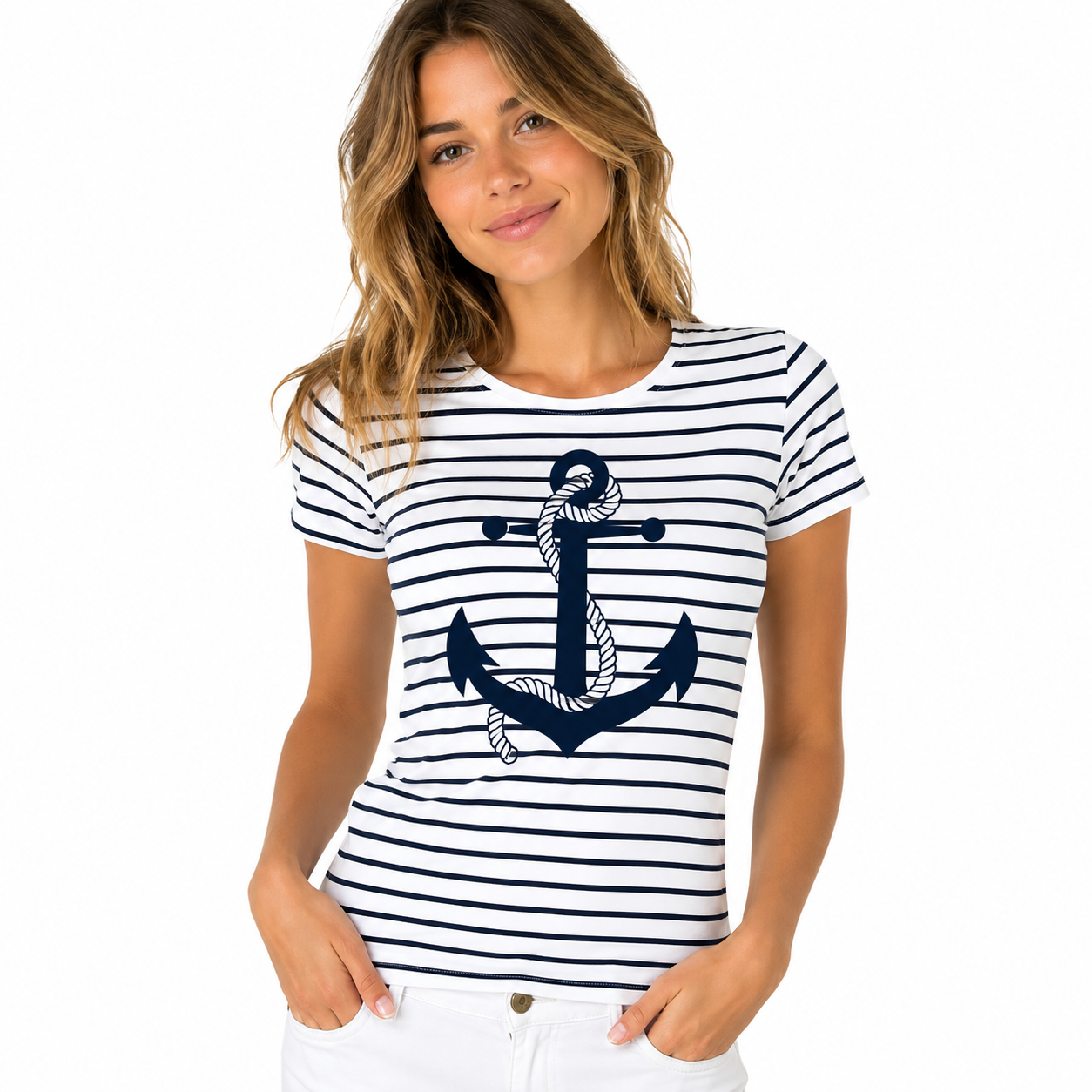 T-shirt femme Marinière Ancre : rayures marinière et ancre marine, esprit marin