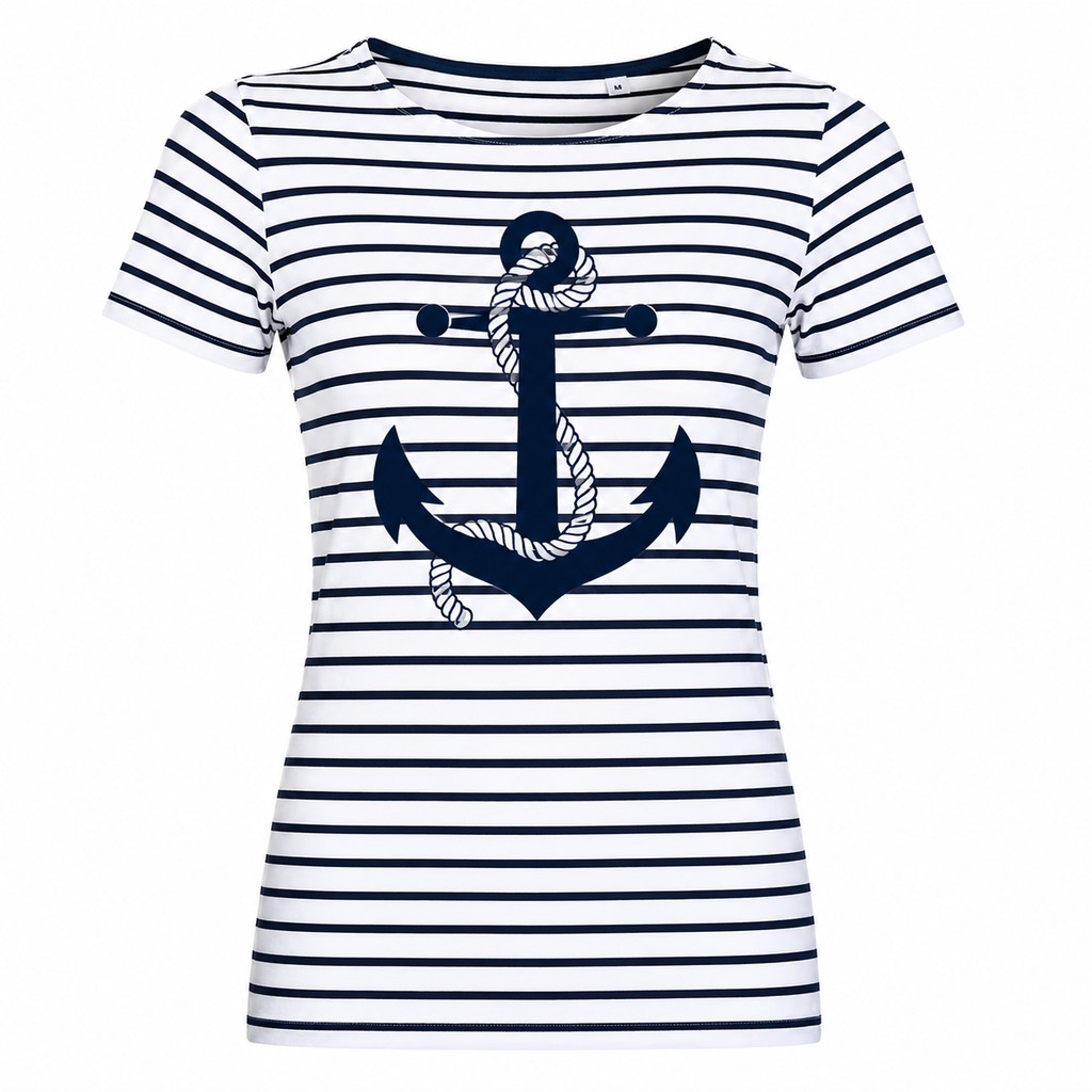 T-shirt femme Marinière Ancre : détail de l'ancre et des rayures marines