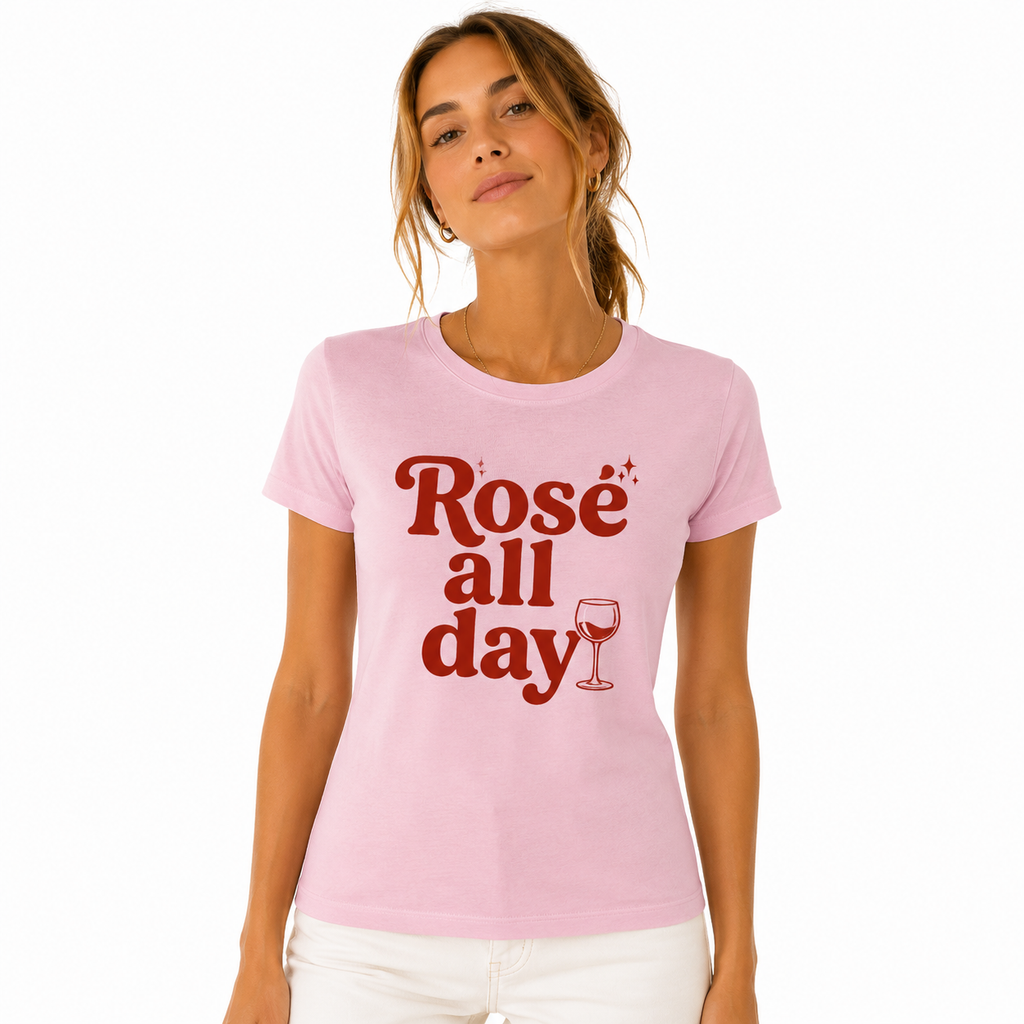 T-shirt femme rose bio Rosé All Day : verre de rosé et slogan, coton équitable