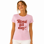 T-shirt femme rose bio Rosé All Day : verre de rosé et slogan, coton équitable
