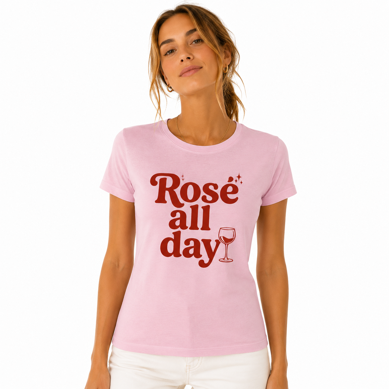 T-shirt femme rose bio Rosé All Day : verre de rosé et slogan, coton équitable