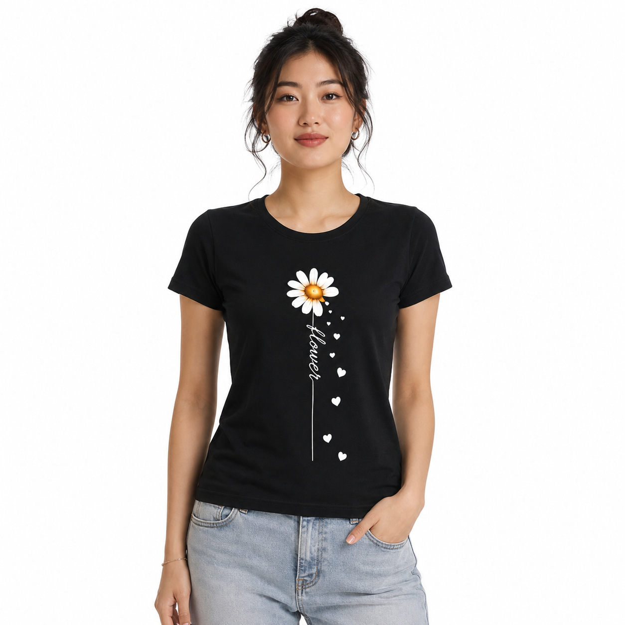 T-shirt noir Flower : motif fleur colorée