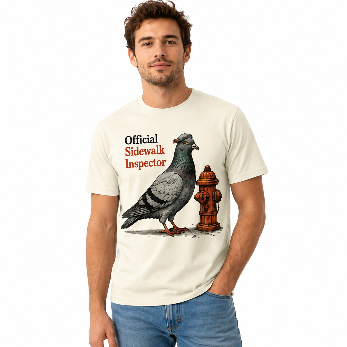 T-shirt homme écru Official Sidewalk Inspector, pigeon en gravure vintage à côté d'une borne à incendie