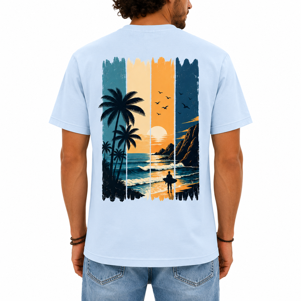 T-shirt homme bleu ciel Surf au coucher de soleil, scène de plage rétro imprimée dans le dos