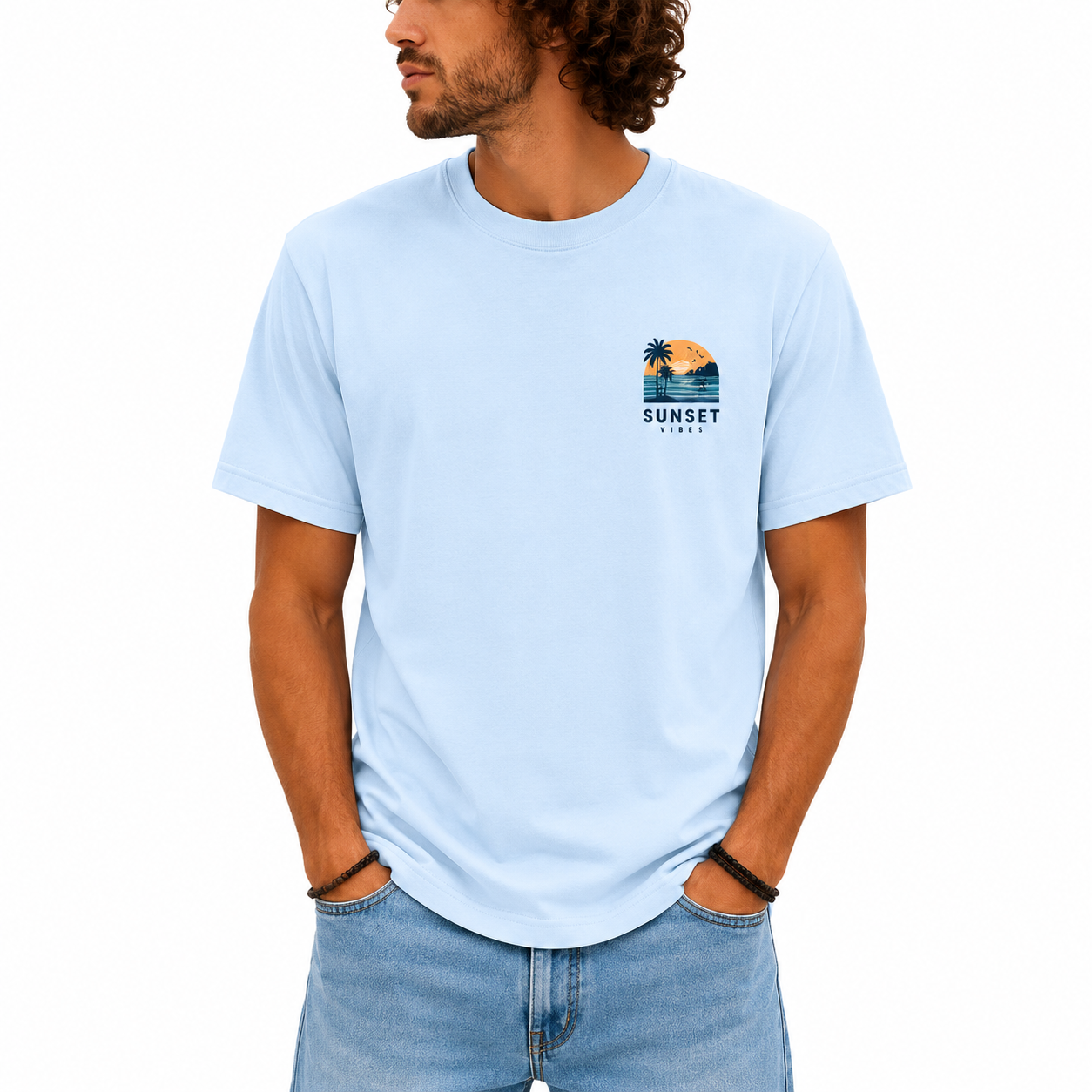 T-shirt homme Surf au coucher de soleil, vue de dos sur le grand imprimé plage et palmiers