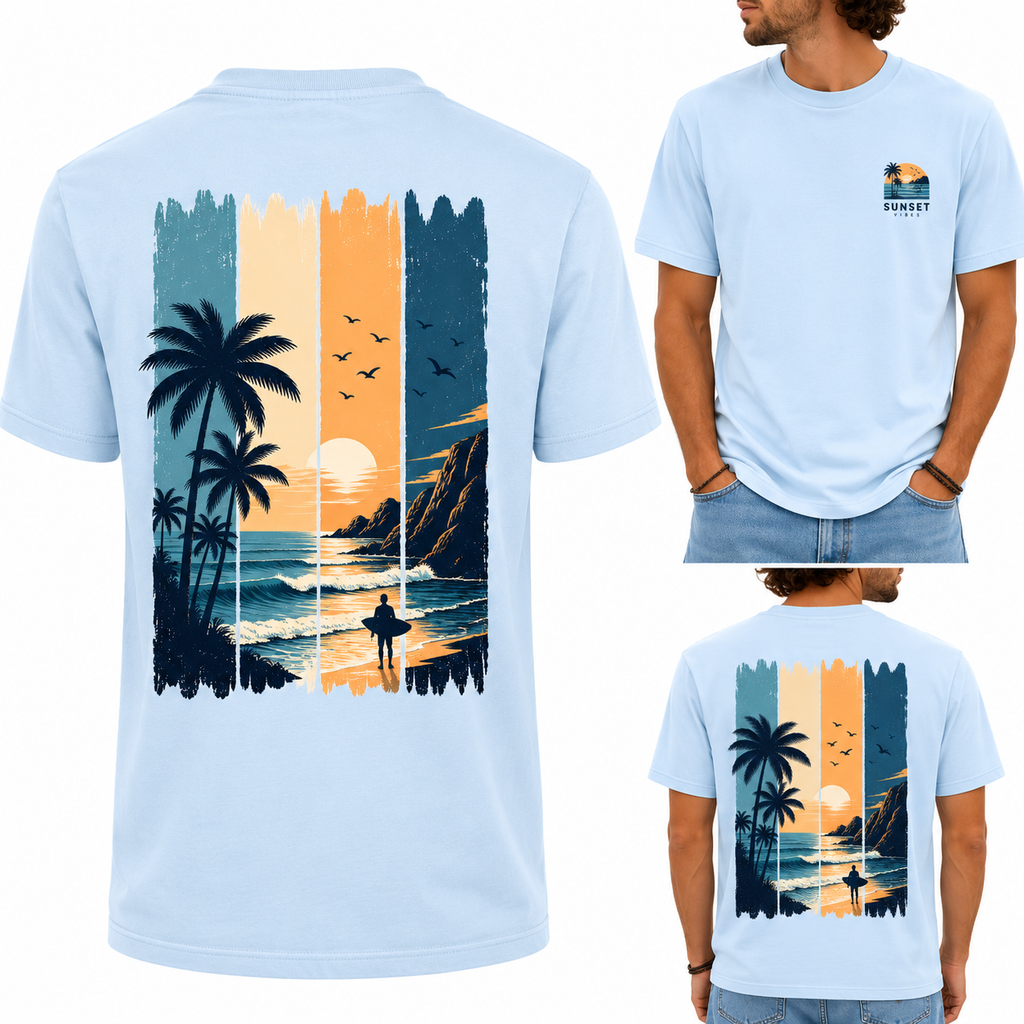 T-shirt homme Surf au coucher de soleil, ambiance évasion et plage