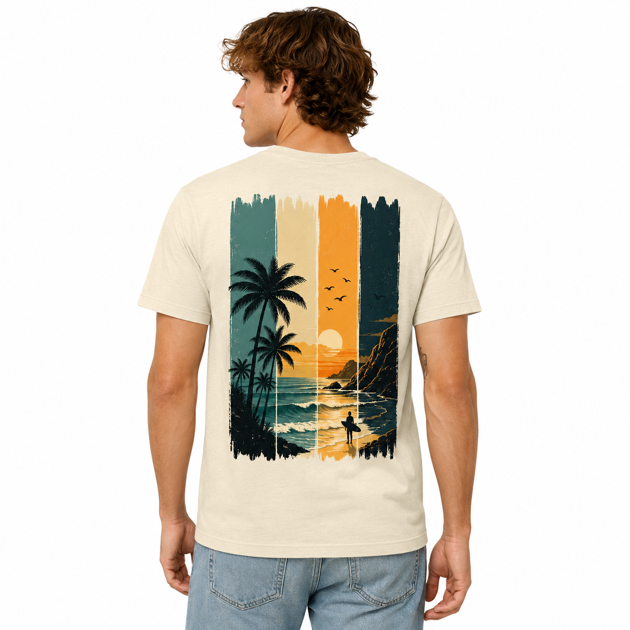 T-shirt homme Surf au coucher de soleil, coton ring-spun imprimé en France
