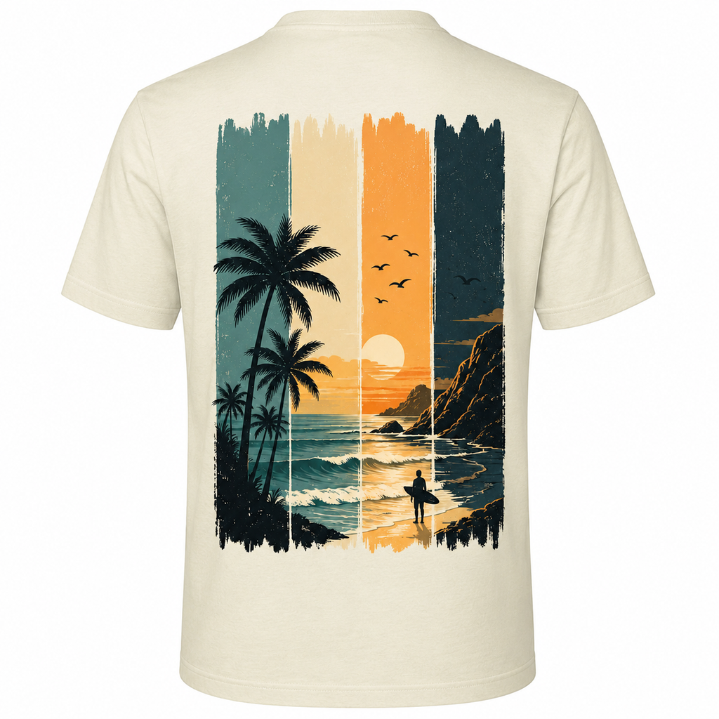 T-shirt homme Surf au coucher de soleil, coloris écru, scène de plage