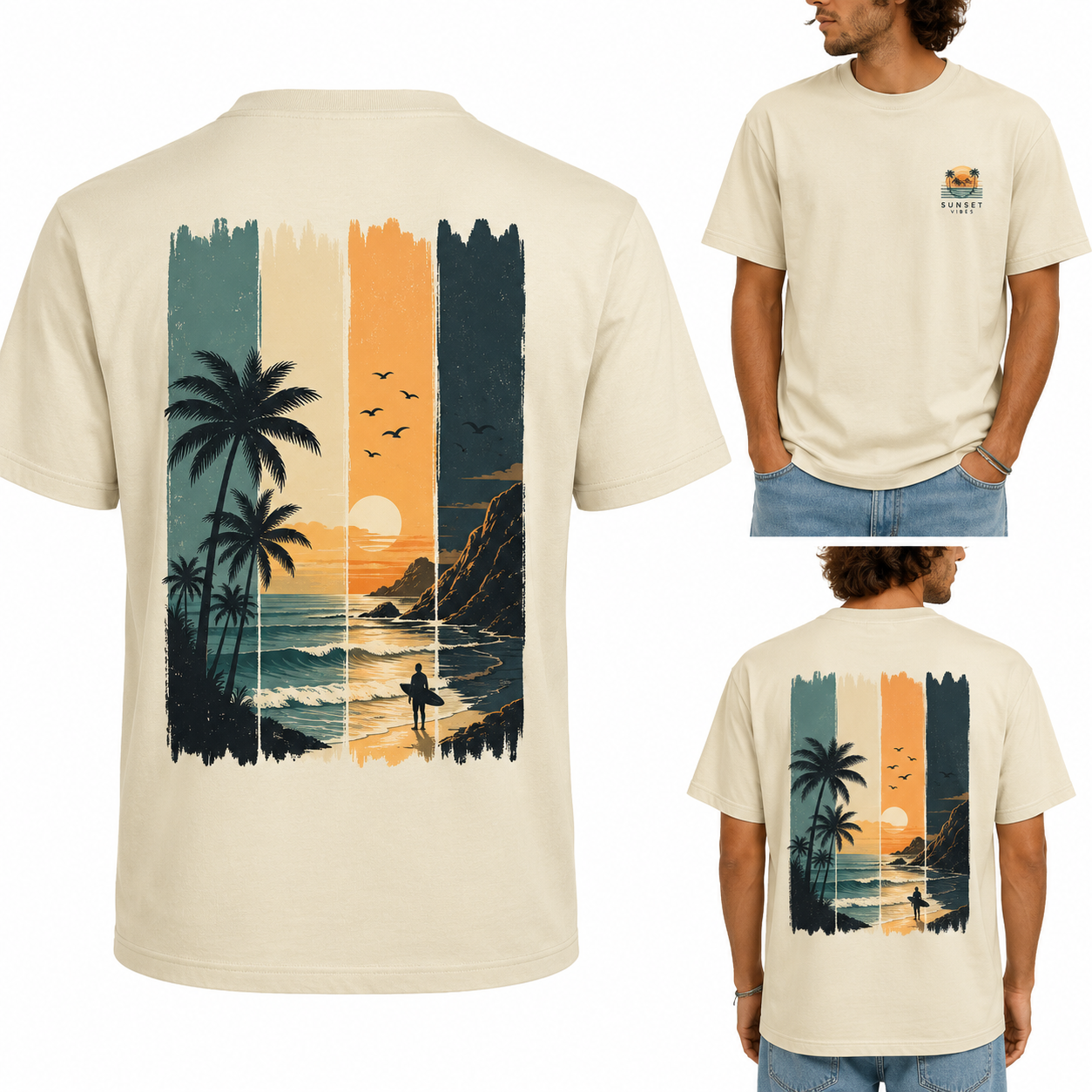 T-shirt homme Surf au coucher de soleil, vue d'ensemble du t-shirt imprimé