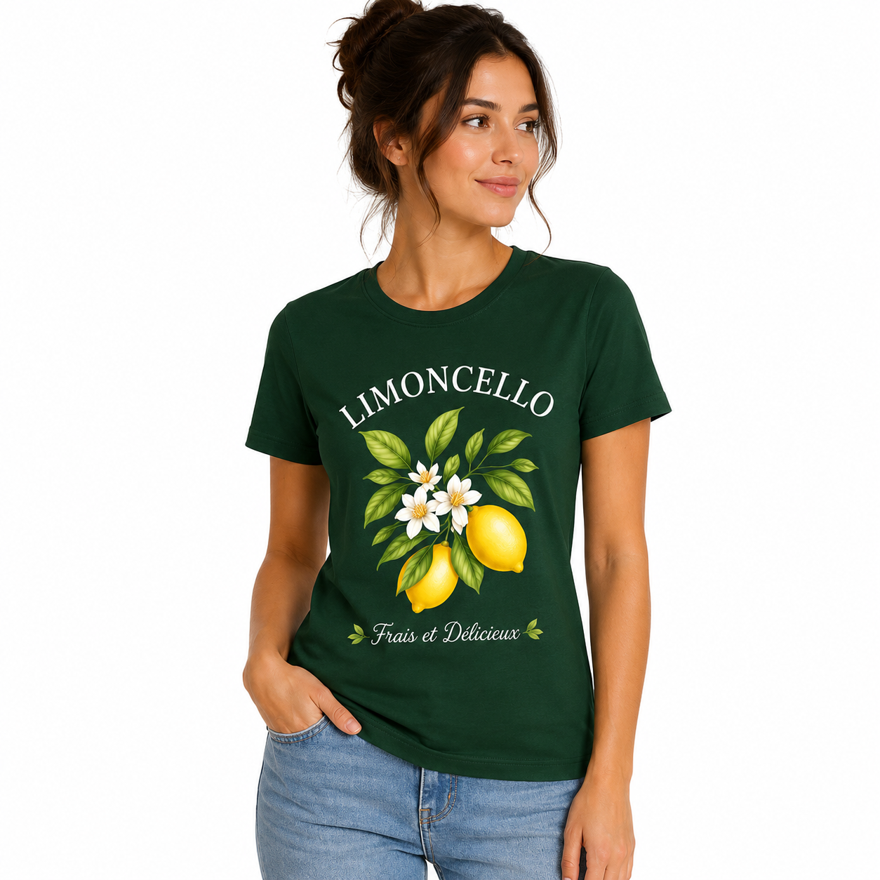 T-shirt femme Limoncello : coloris vert bouteille avec motif citrons
