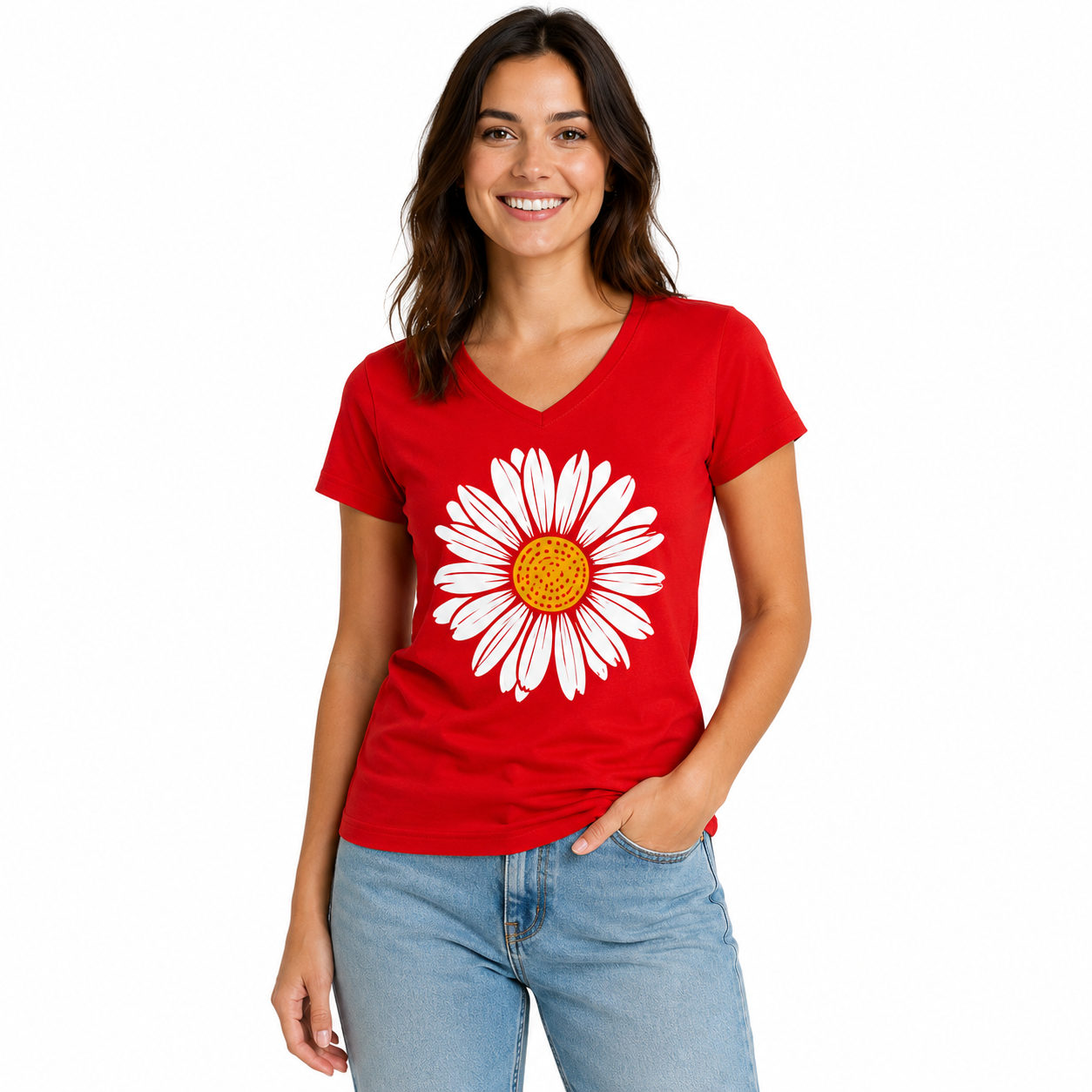 T-shirt femme col V Marguerite : grande marguerite blanche au cœur jaune