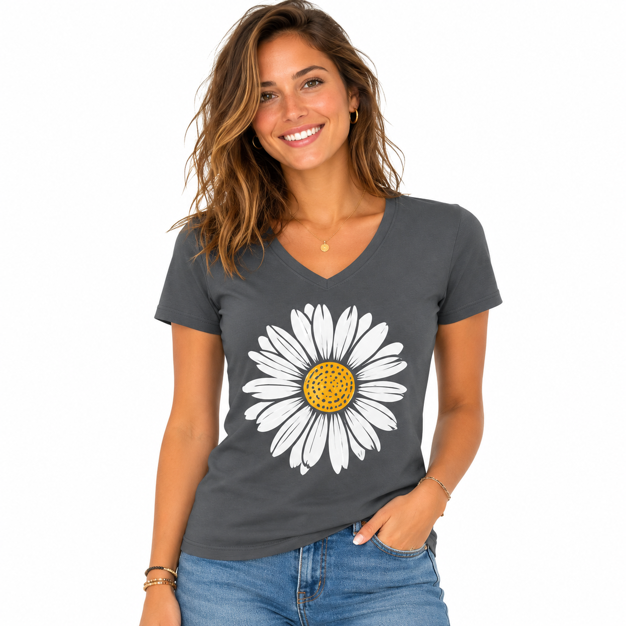 T-shirt femme Marguerite : coloris vert sauge avec marguerite