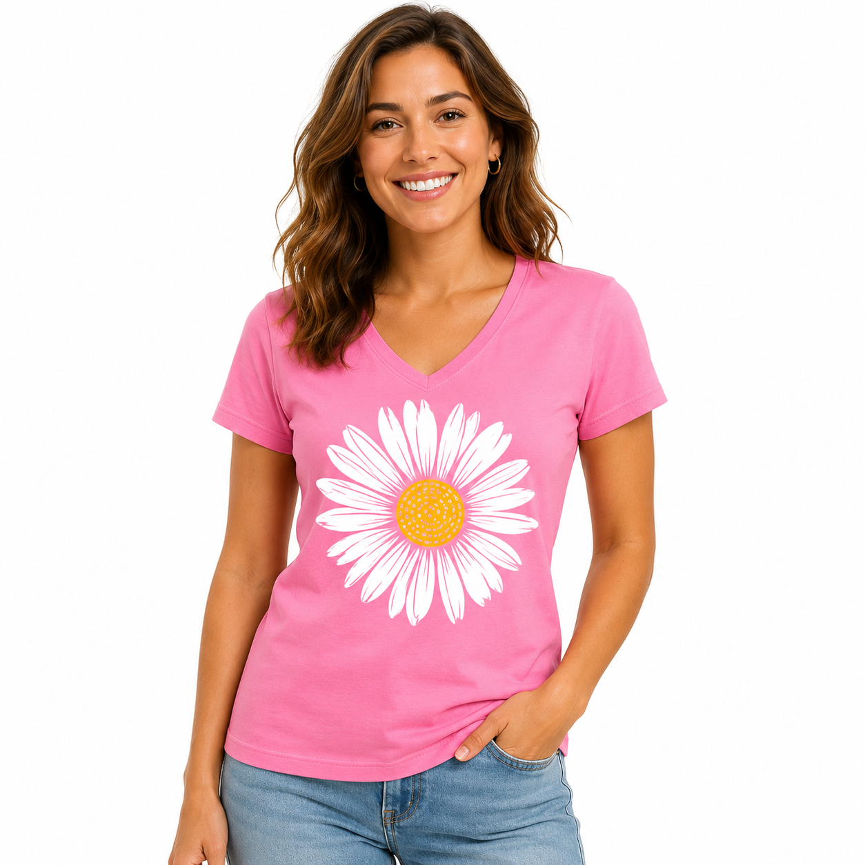 T-shirt femme Marguerite : coloris rose poudré avec marguerite