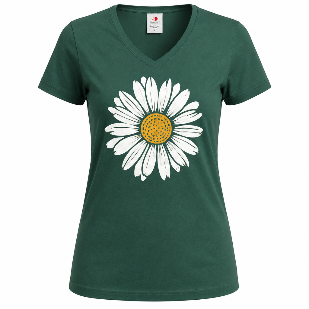 T-shirt femme Marguerite : détail de la fleur au cœur jaune