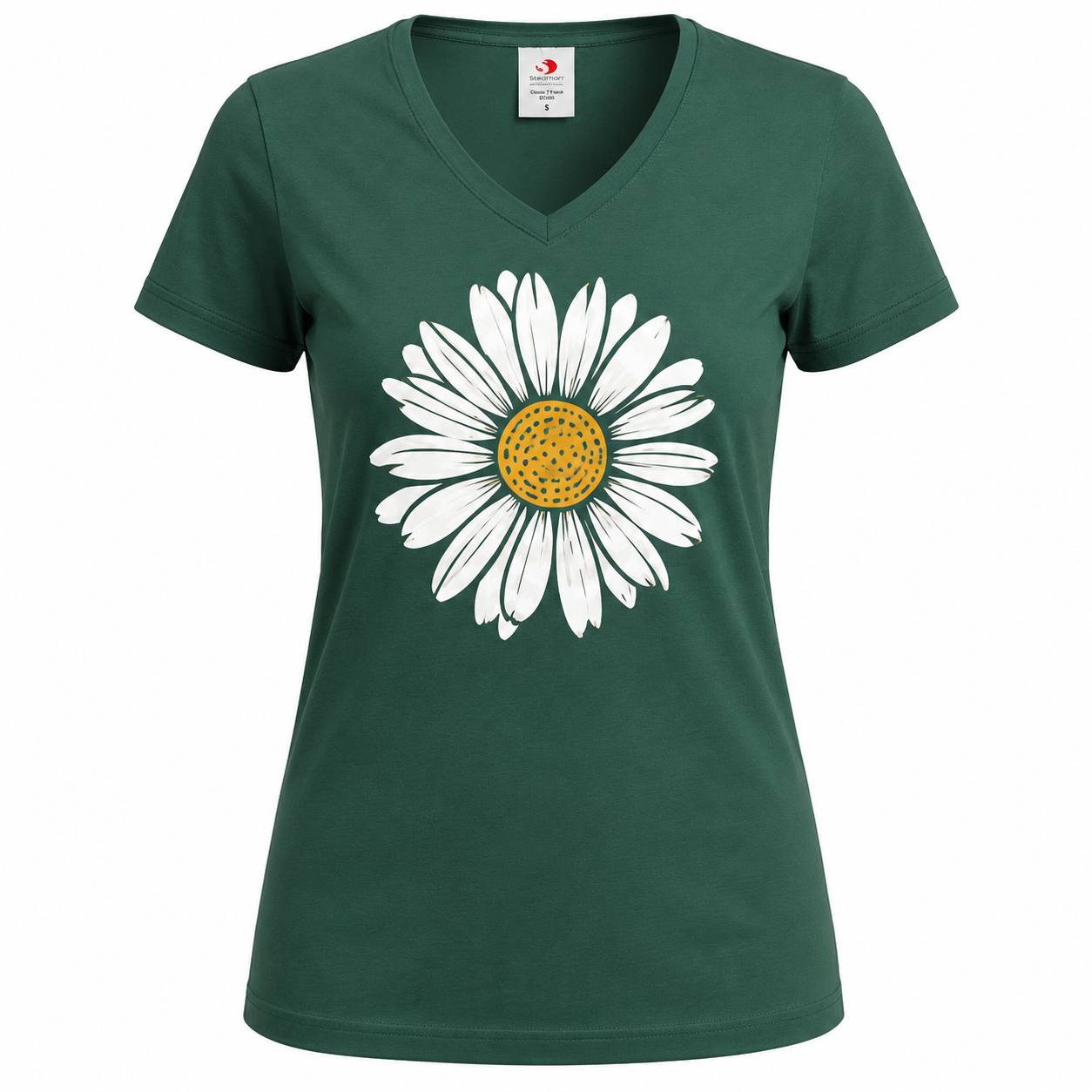 T-shirt femme Marguerite : détail de la fleur au cœur jaune