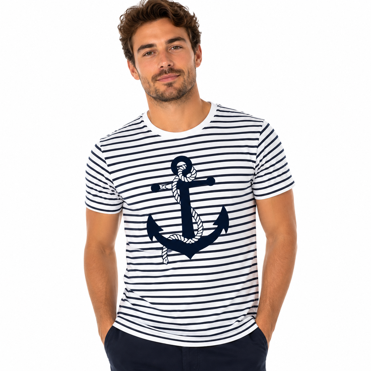 T-shirt unisexe Marinière Ancre : rayures marinière et ancre marine, esprit marin