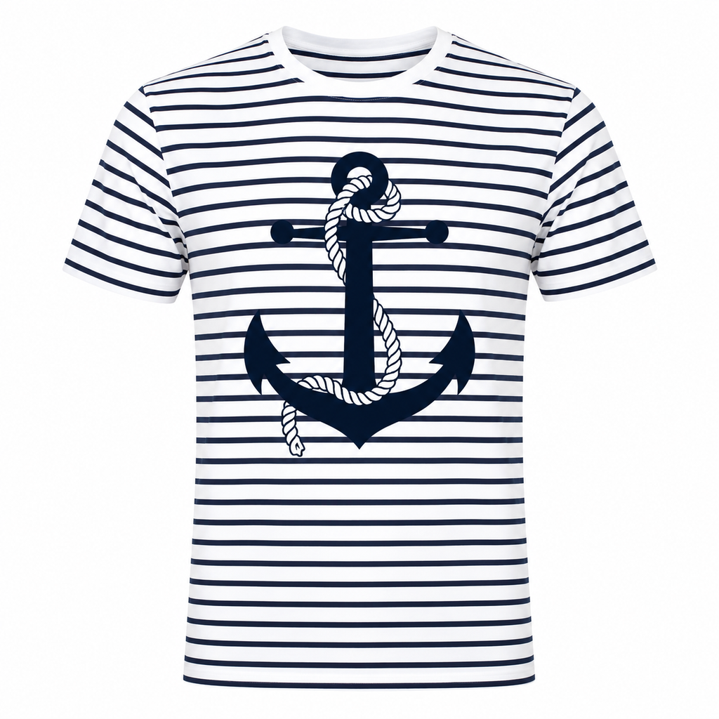 T-shirt unisexe Marinière Ancre : détail de l'ancre et des rayures marines