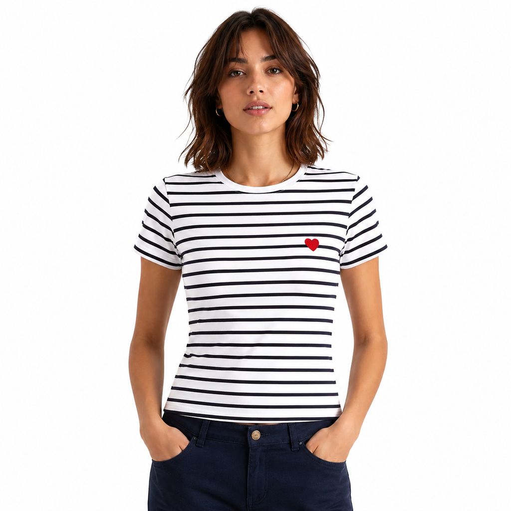 T-shirt Marinière Cœur : rayures marinière et cœur rouge