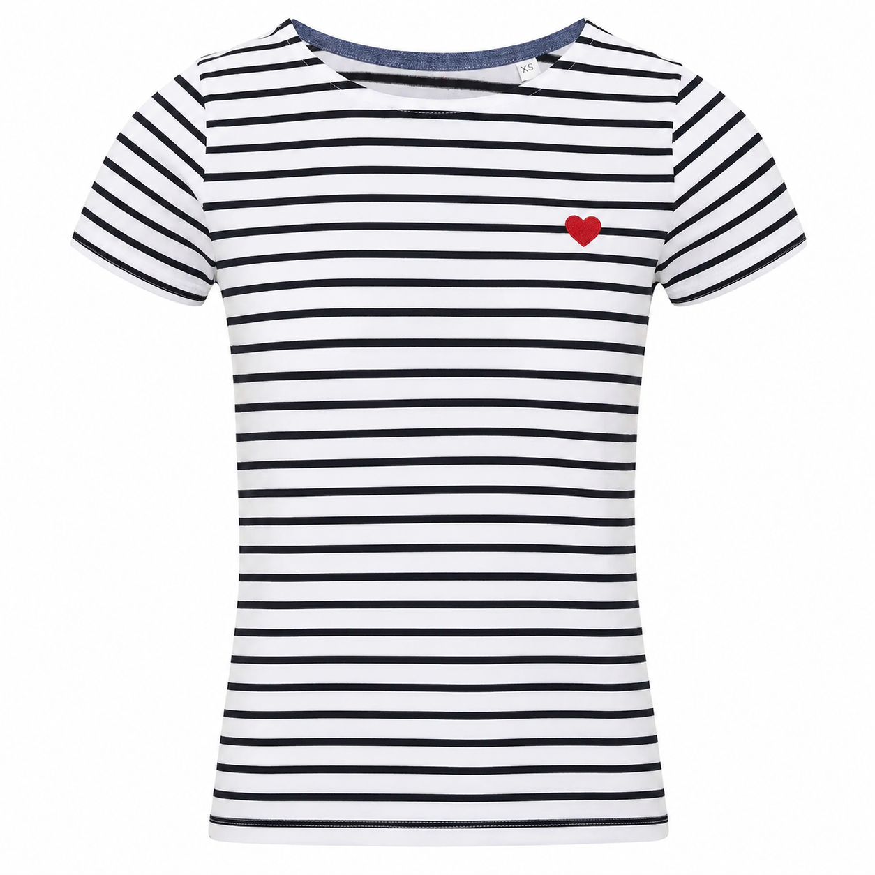 T-shirt Marinière Cœur : détail du cœur sur rayures marines