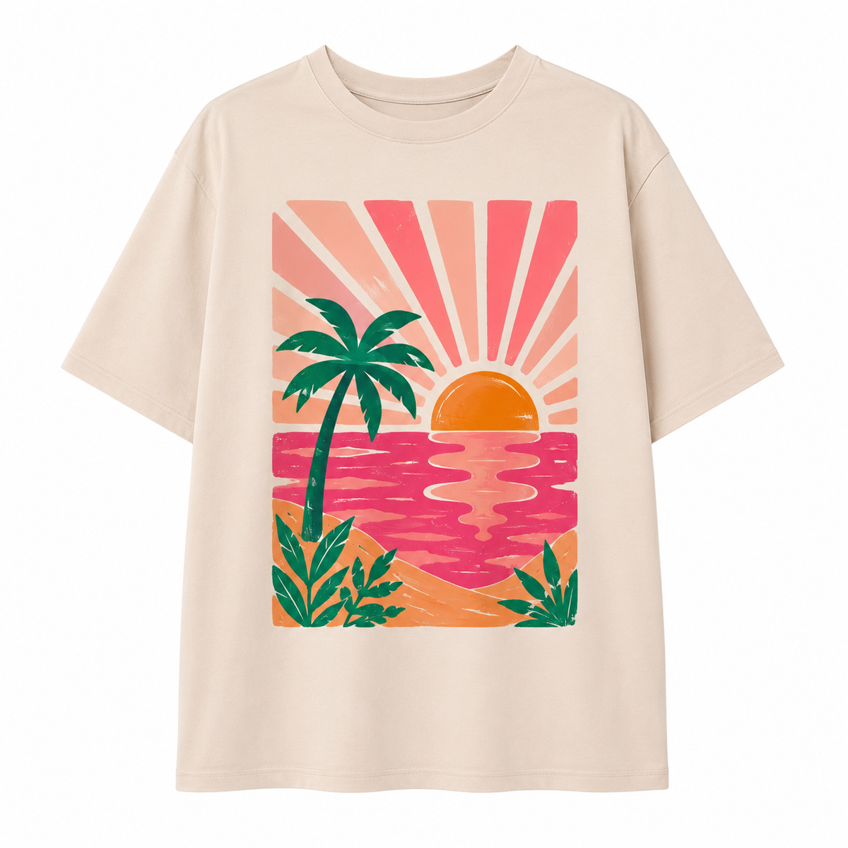 T-shirt oversize Coucher de Soleil Tropical, coton écru imprimé en France — autre vue