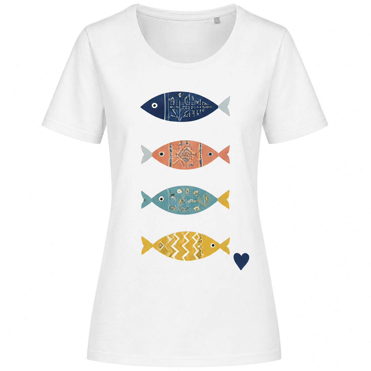 T-shirt femme Poissons : détail des poissons bohèmes colorés