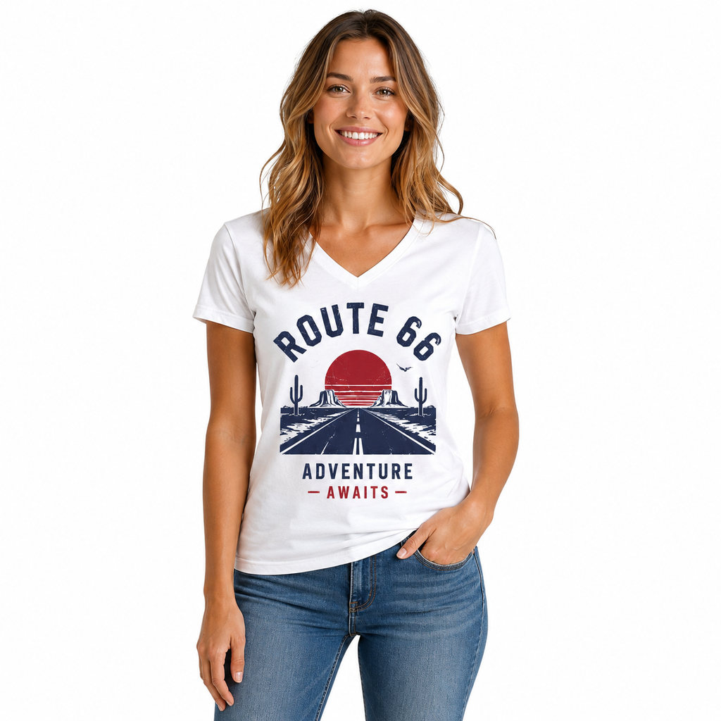T-shirt Route 66 Adventure Awaits : écusson Route 66 et slogan Adventure Awaits