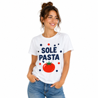 T-shirt femme blanc Sole Pasta, lettrage bleu marine et tomate rouge