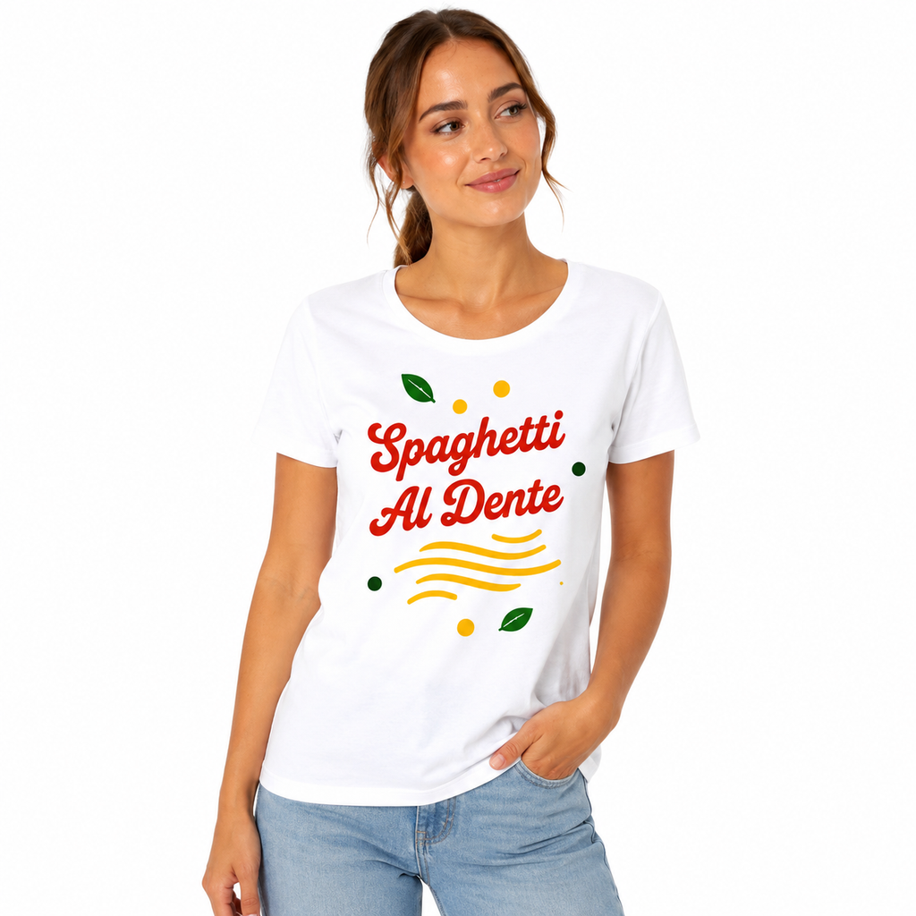 T-shirt femme blanc Spaghetti Al Dente, lettrage cursif rouge et spaghettis jaunes