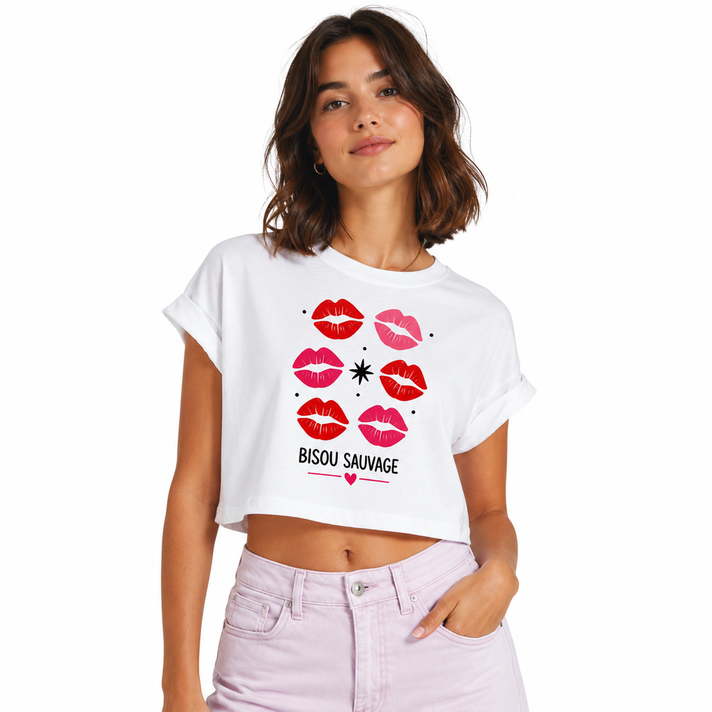 T-shirt crop top blanc Bisou Sauvage : motif léopard Bisou Sauvage