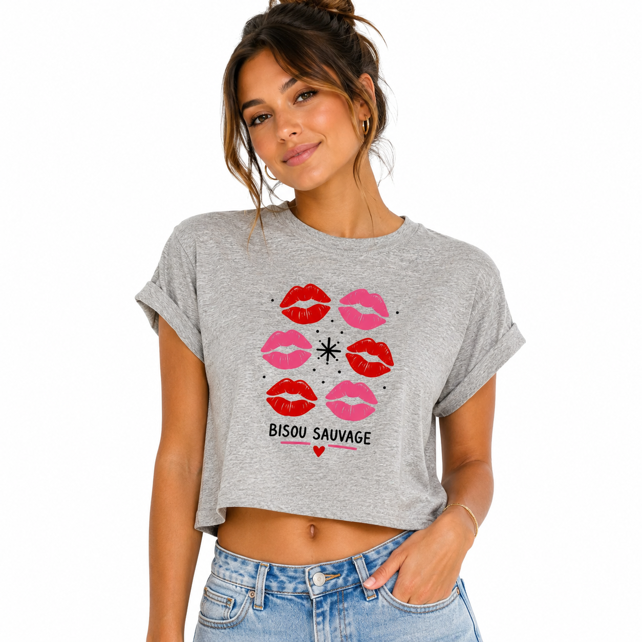 T-shirt crop top gris chiné Bisou Sauvage : motif léopard Bisou Sauvage