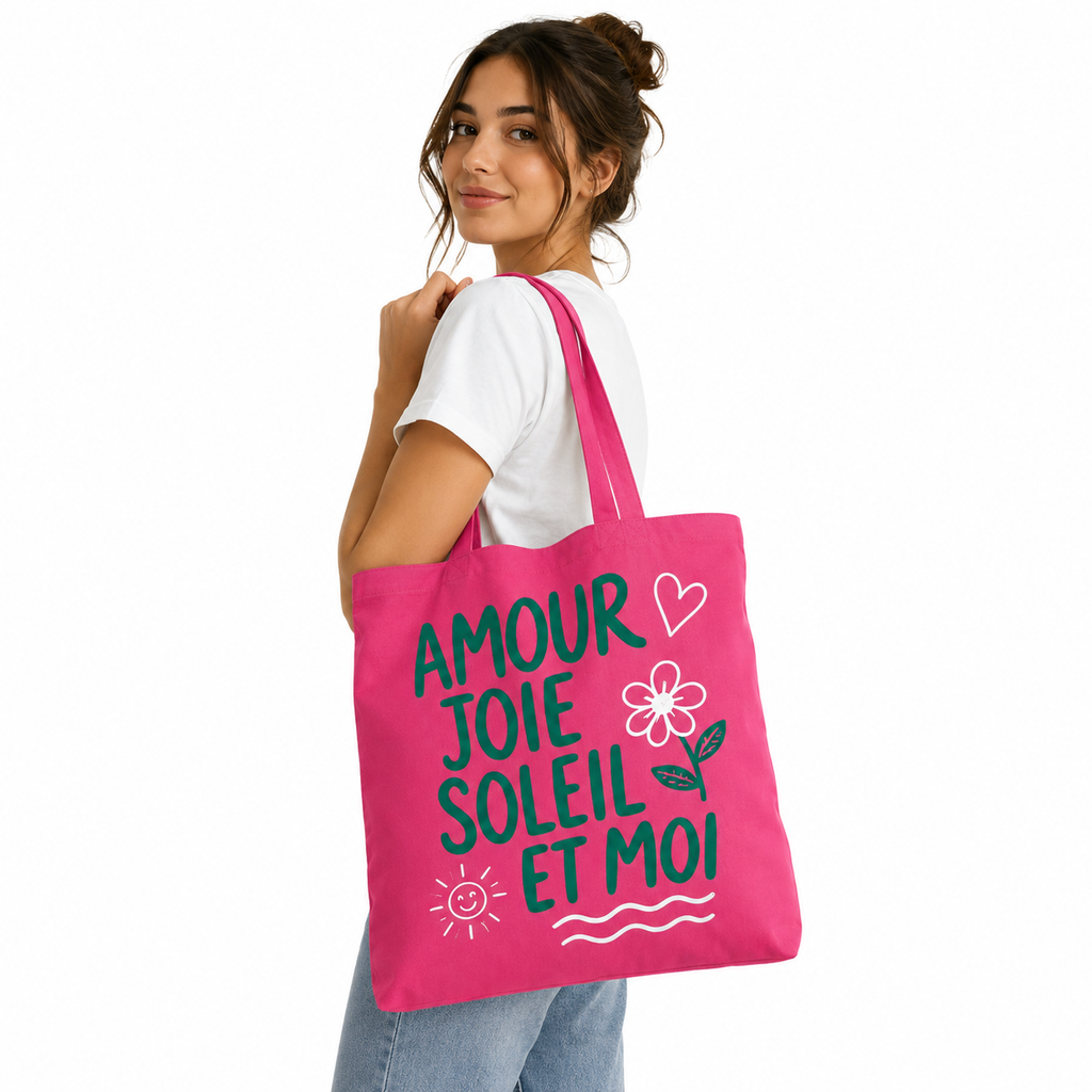 Tote bag Amour Joie Soleil et Moi fuchsia : lettrage manuscrit vert sapin avec cœur, fleur, petit soleil souriant et vaguelettes
