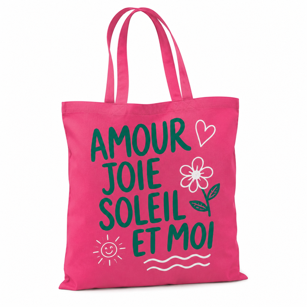 Tote bag Amour Joie Soleil et Moi : détail du lettrage vert et des motifs joyeux