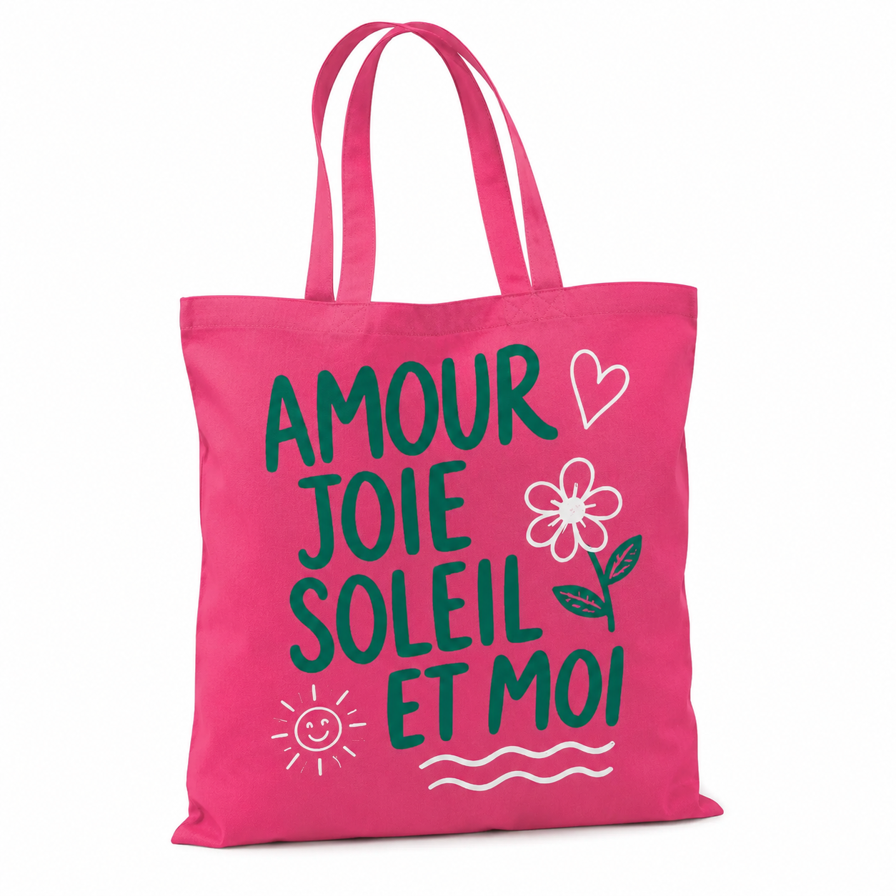 Tote bag Amour Joie Soleil et Moi : détail du lettrage vert et des motifs joyeux