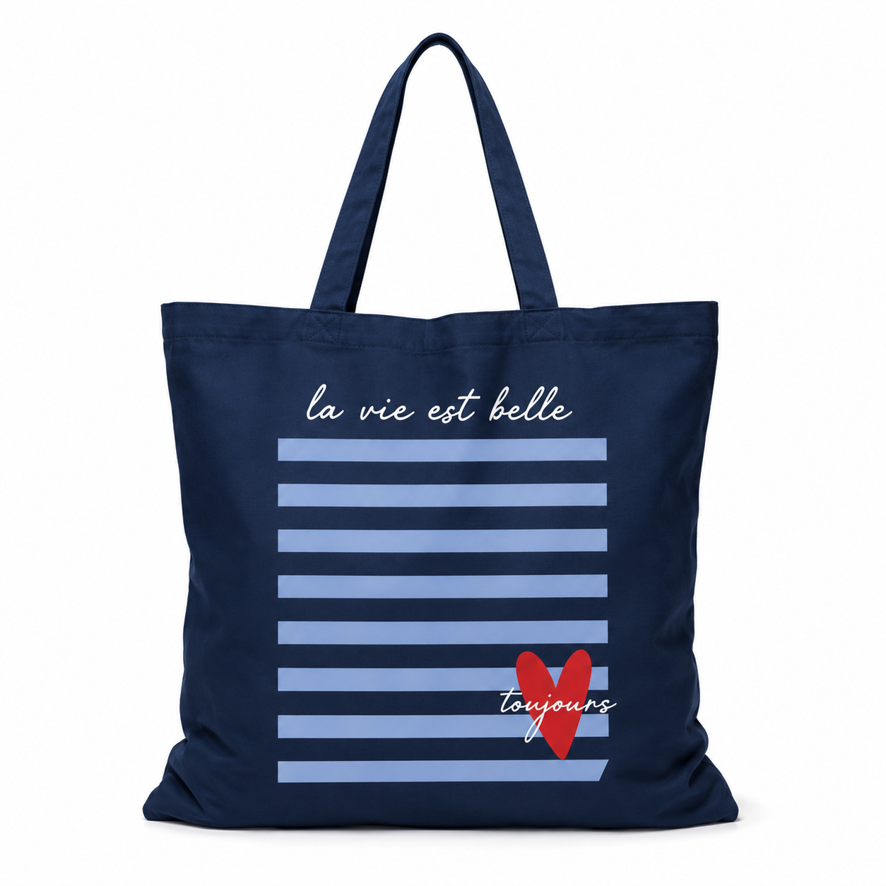 Tote bag La vie est belle toujours blanc : rayures marinière et message la vie est belle avec cœur rouge