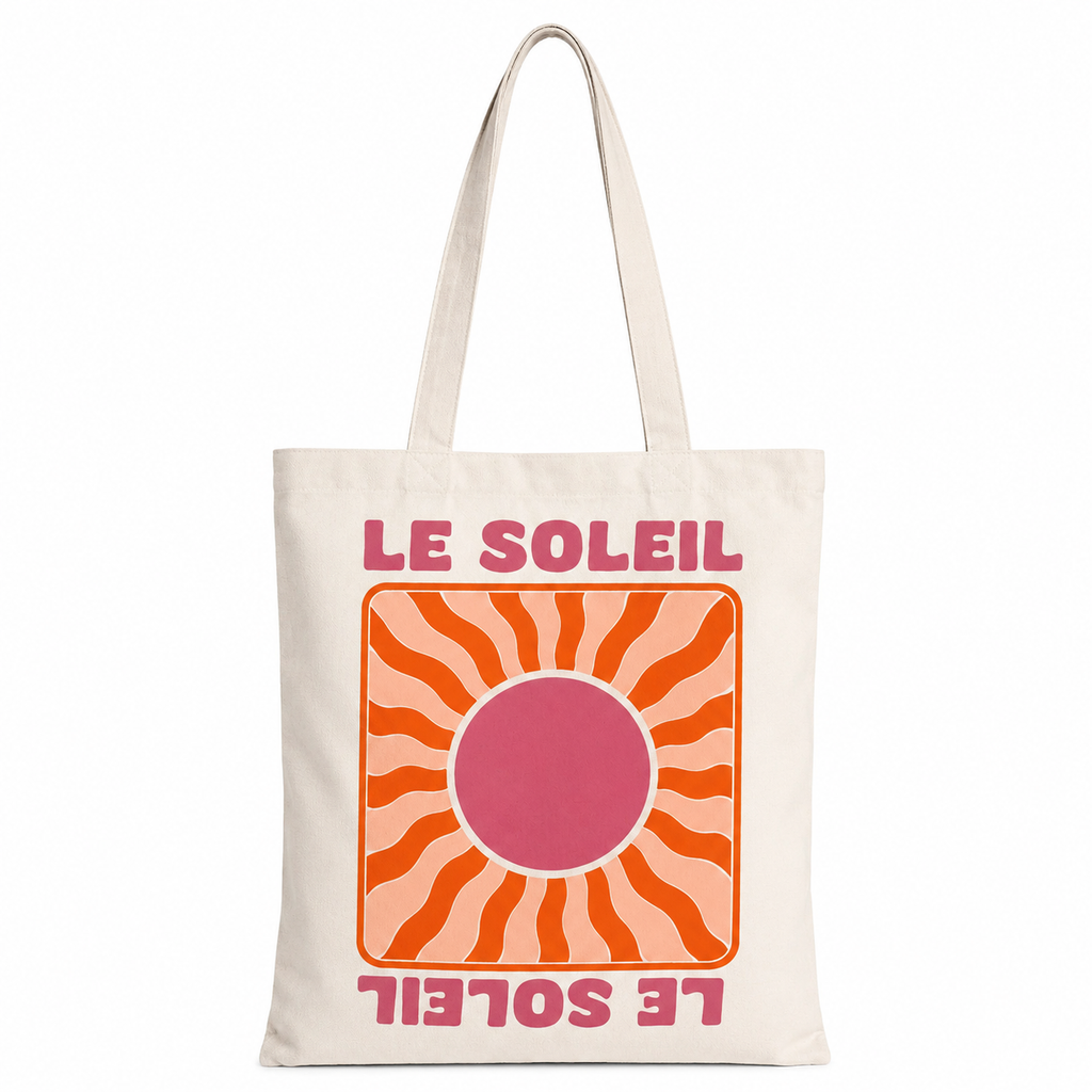 Tote bag Le Soleil blanc : soleil rétro orange et rose, lettrage Le Soleil à l'endroit et à l'envers