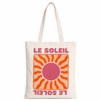 Tote bag Le Soleil blanc : soleil rétro orange et rose, lettrage Le Soleil à l'endroit et à l'envers