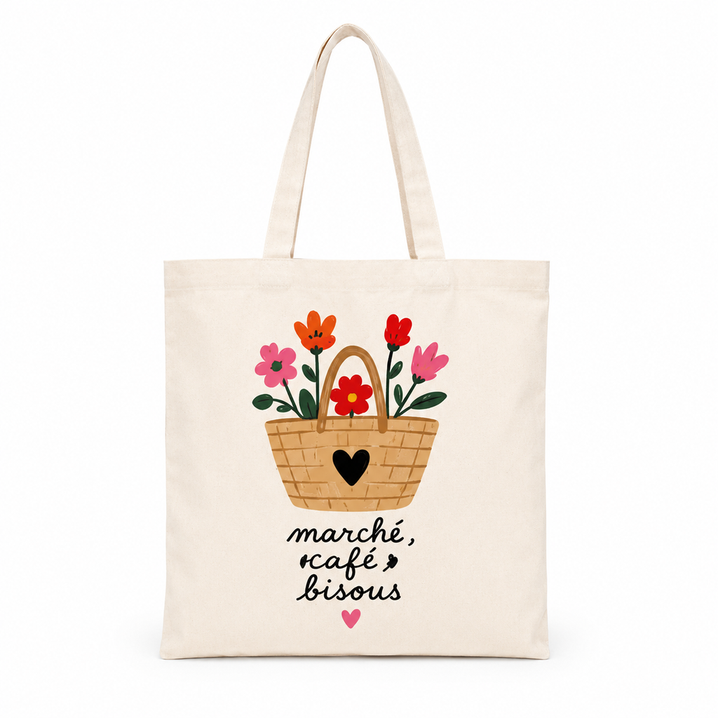 Tote bag Marché Café Bisous : détail du motif marché café bisous