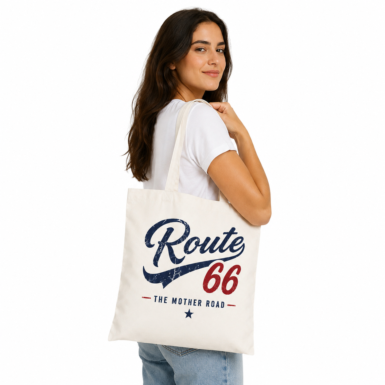 Tote bag Route 66 naturel : lettrage baseball vintage Route 66 bleu marine et rouge, sous-titre The Mother Road et étoile
